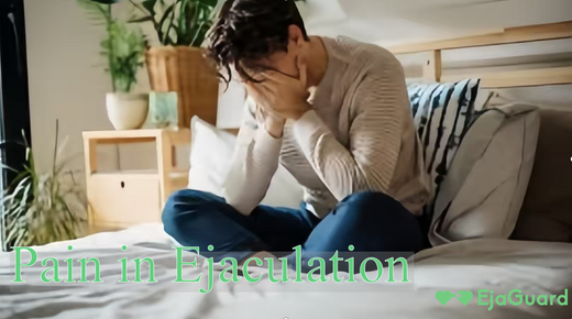 An image of a frustrating man in the bed with the title of pain in ejaculation, written by ejaguard.com. 