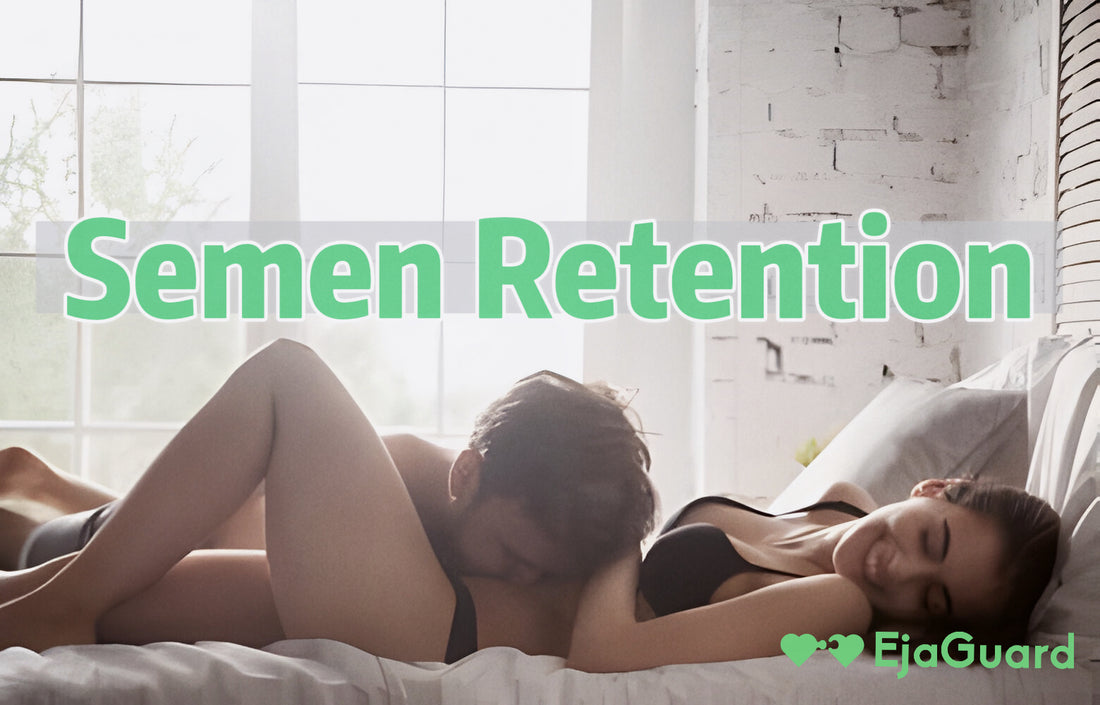 A man kissing the body of his partner, with the title of "Semen Retention"