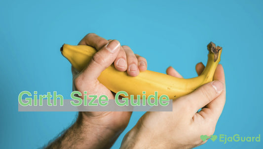 An image of a man holding a banana with the title of Girth Size Guide of a blog article by EjaGuard. 