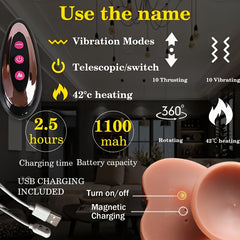 YiQing Thrusting Dildo Vibrator equipped with multiple vibration modes, telescopic action, 42°C heating, 1100mAh battery capacity, 2.5-hour runtime, USB magnetic charging, and easy on/off functionality.