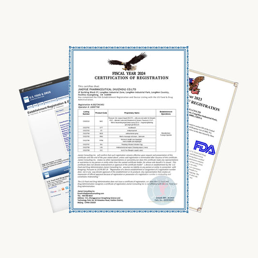 FDA registration certificates, highlighting EjaGuard Delay Spray's compliance with safety and quality standards.