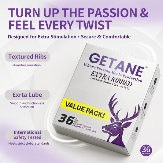 GETANE® Extra Ribbed Condoms – Intense Stimulation 36 Pack