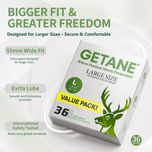 GETANE® Large 55mm Wide Fit Condoms – 36 Pack