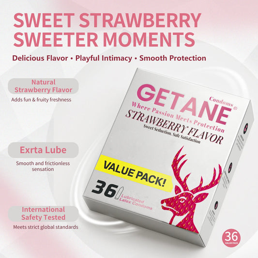 GETANE® Strawberry Flavor Condoms – Sweet Seduction 36 Pack